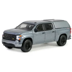 1/64 2023 Chevrolet Silverado 1500 Custom with Camper Shell, Sterling Gray, Blue Collar Series 13
