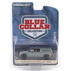 1/64 2023 Chevrolet Silverado 1500 Custom with Camper Shell, Sterling Gray, Blue Collar Series 13