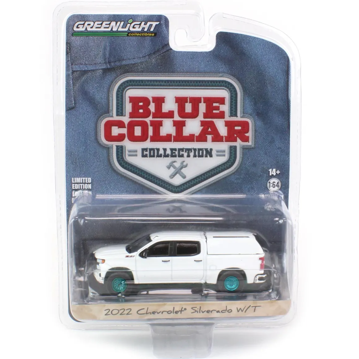 1/64 2022 Chevrolet Silverado WT with Camper Shell, Summit White, Blue Collar Series 11--CHASE UNIT