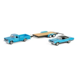 1/64 1967 Dodge D-200 with Flatbed Trailer & 1969 Plymouth GTX, Graveyard Carz, Hollywood Hitch & Tow Series 13