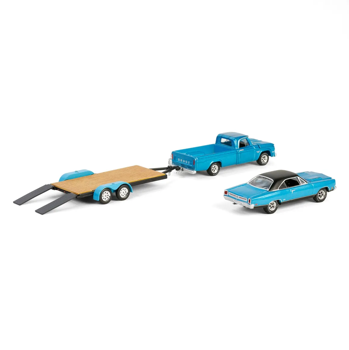 1/64 1967 Dodge D-200 with Flatbed Trailer & 1969 Plymouth GTX, Graveyard Carz, Hollywood Hitch & Tow Series 13