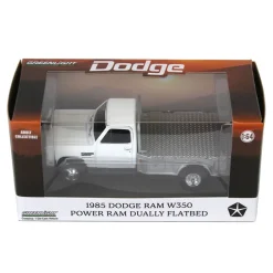 1/64 1985 Dodge Ram W350 Dually Flatbed Pickup Truck, White with Silver Flatbed, Diecast Direct Exclusive