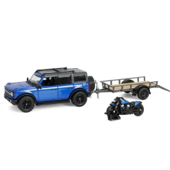 1/64 2021 Ford Bronco Black Diamond with Utility Trailer & Motorcycle, Velocity Blue, Hitch & Tow Series 32
