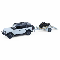 1/64 2021 Ford Bronco 4-Door Badlands, Cactus Grey with Utility Trailer & Motorcycle, Hitch & Tow Series 33