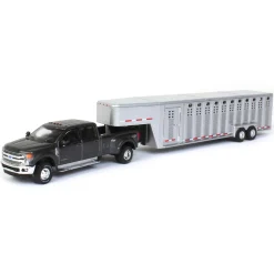 1/64 2019 Ford F-350, Magnetic Silver with Silver 3 Hole Gooseneck Livestock Trailer