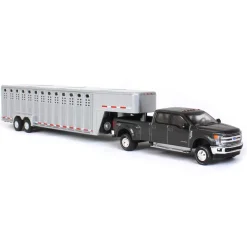 1/64 2019 Ford F-350, Magnetic Silver with Silver 3 Hole Gooseneck Livestock Trailer