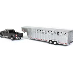 1/64 2019 Ford F-350, Magnetic Silver with Silver 3 Hole Gooseneck Livestock Trailer