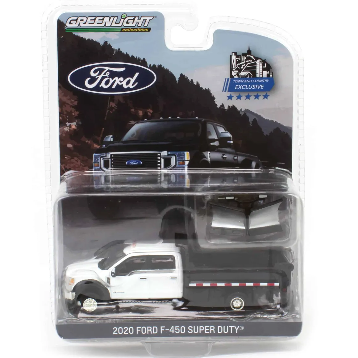 1/64 2020 Ford F-450 XLT Super Duty Dually with V-Plow & Dump Bed, Oxford White, Town & Country Exclusive