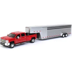 1/64 2018 Silverado 3500 HD, Red Hot w/ Silver Metallic Gooseneck Livestock Trailer