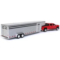 1/64 2018 Silverado 3500 HD, Red Hot w/ Silver Metallic Gooseneck Livestock Trailer