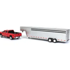 1/64 2018 Silverado 3500 HD, Red Hot w/ Silver Metallic Gooseneck Livestock Trailer