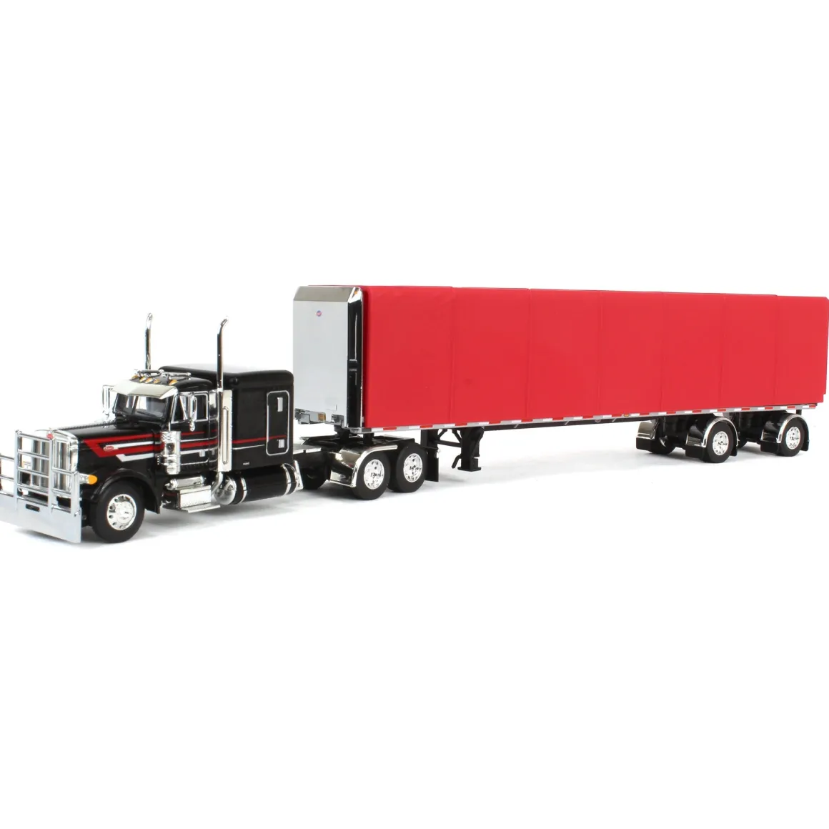 1/64 Black & Red Peterbilt 379 63in Flattop Sleeper with 53ft Utility Roll Tarp Trailer, DCP by First Gear