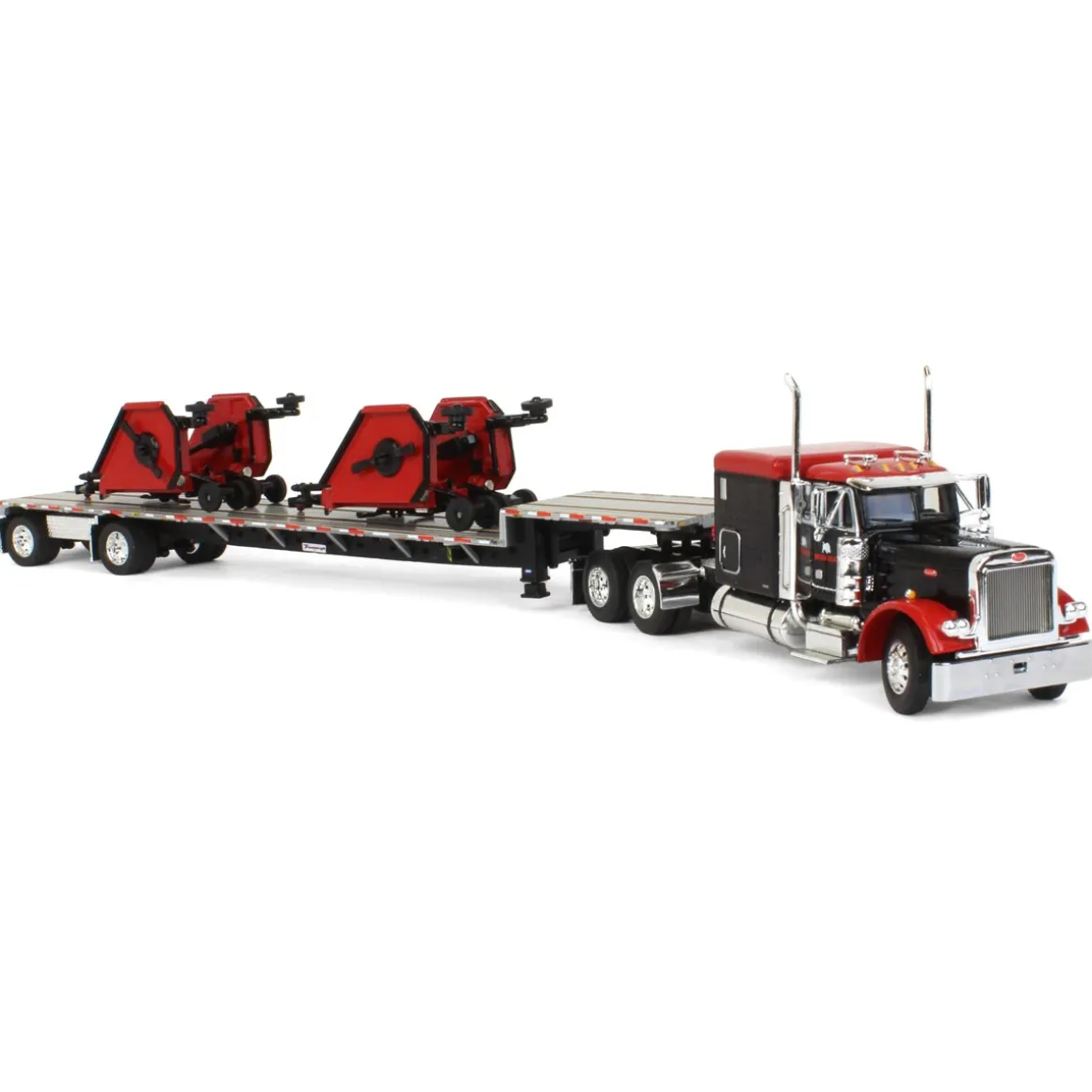 1/64 Black Bush Hog Peterbilt 379 63" Flattop Sleeper w/ Transcraft Deck Trailer & 2 Bush Hog Wing Mowers
