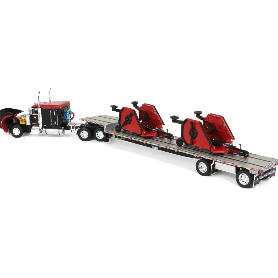 1/64 Black Bush Hog Peterbilt 379 63" Flattop Sleeper w/ Transcraft Deck Trailer & 2 Bush Hog Wing Mowers