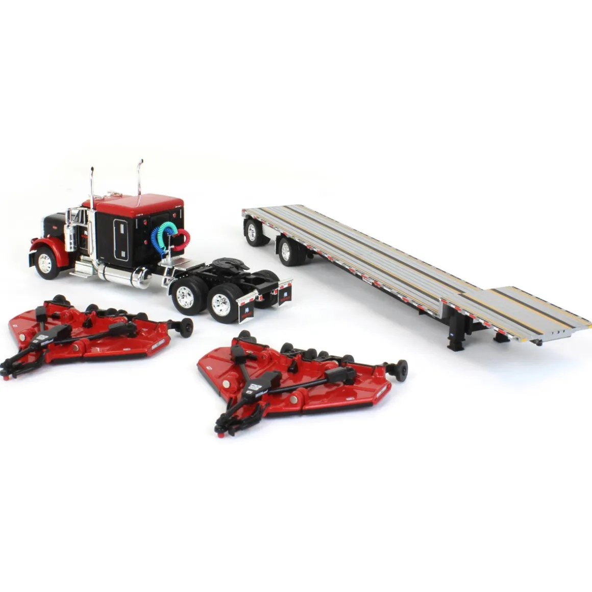 1/64 Black Bush Hog Peterbilt 379 63" Flattop Sleeper w/ Transcraft Deck Trailer & 2 Bush Hog Wing Mowers