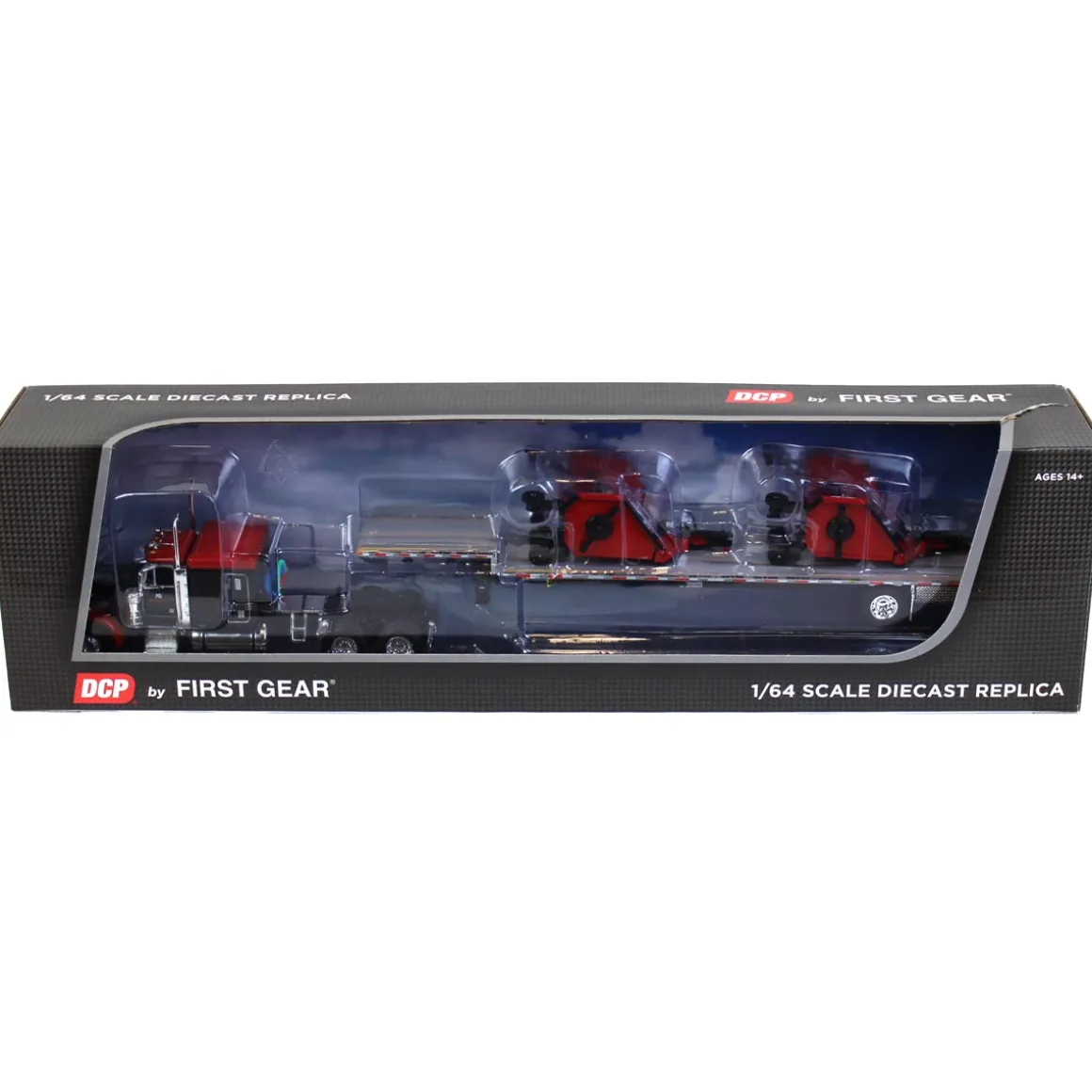 1/64 Black Bush Hog Peterbilt 379 63" Flattop Sleeper w/ Transcraft Deck Trailer & 2 Bush Hog Wing Mowers