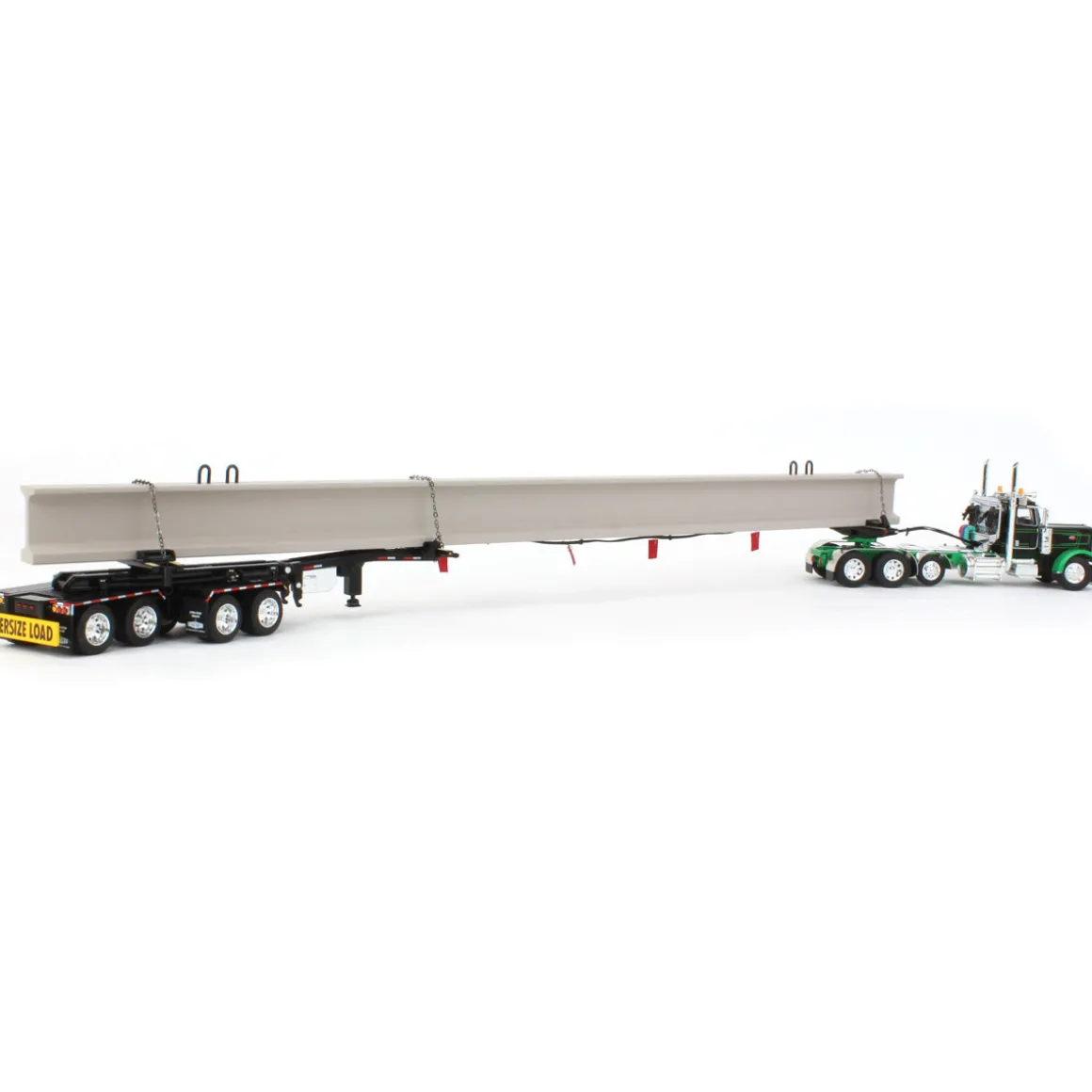 1/64 Black/Green Peterbilt 389 w/ ERMC Hydra-Steer Trailer & Bridge Beam Load, DCP by First Gear