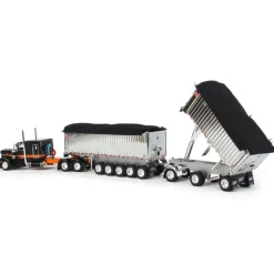 1/64 Black/Orange/Chrome Peterbilt 389 w/ Chrome East Genesis II End Dump Trailers, DCP by First Gear