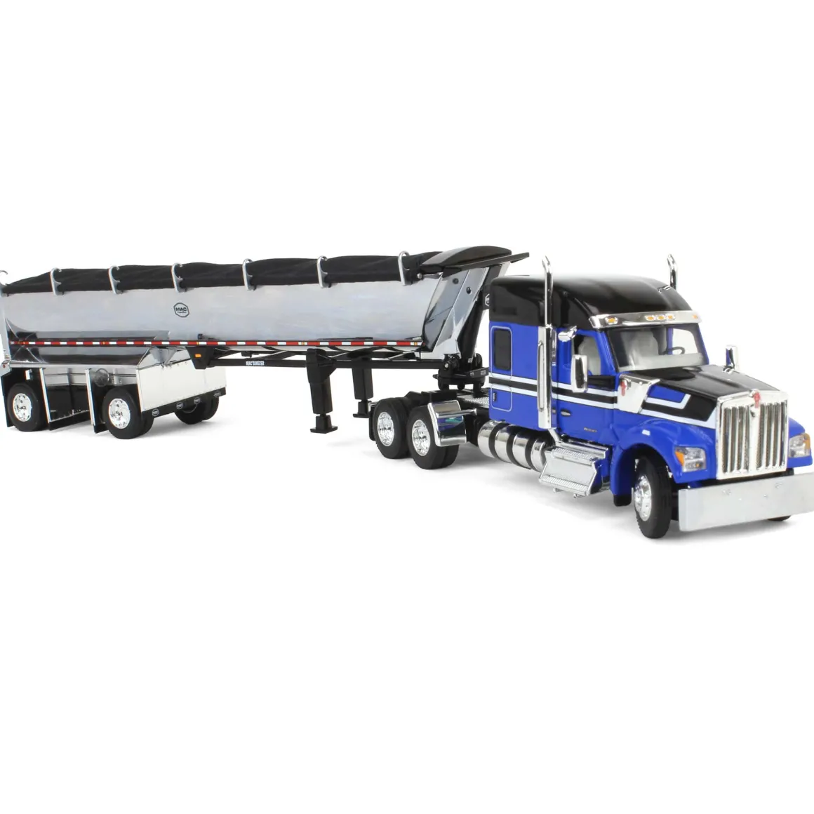 1/64 Blue & Black Kenworth W990 with Chrome MAC End Dump Trailer, DCP by First Gear
