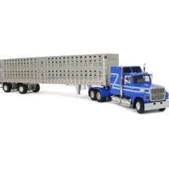 1/64 Blue Ford LTL 9000 60in Aerodyne Sleeper with Wilson Stockmaster PSAL Livestock Trailer, DCP by First Gear