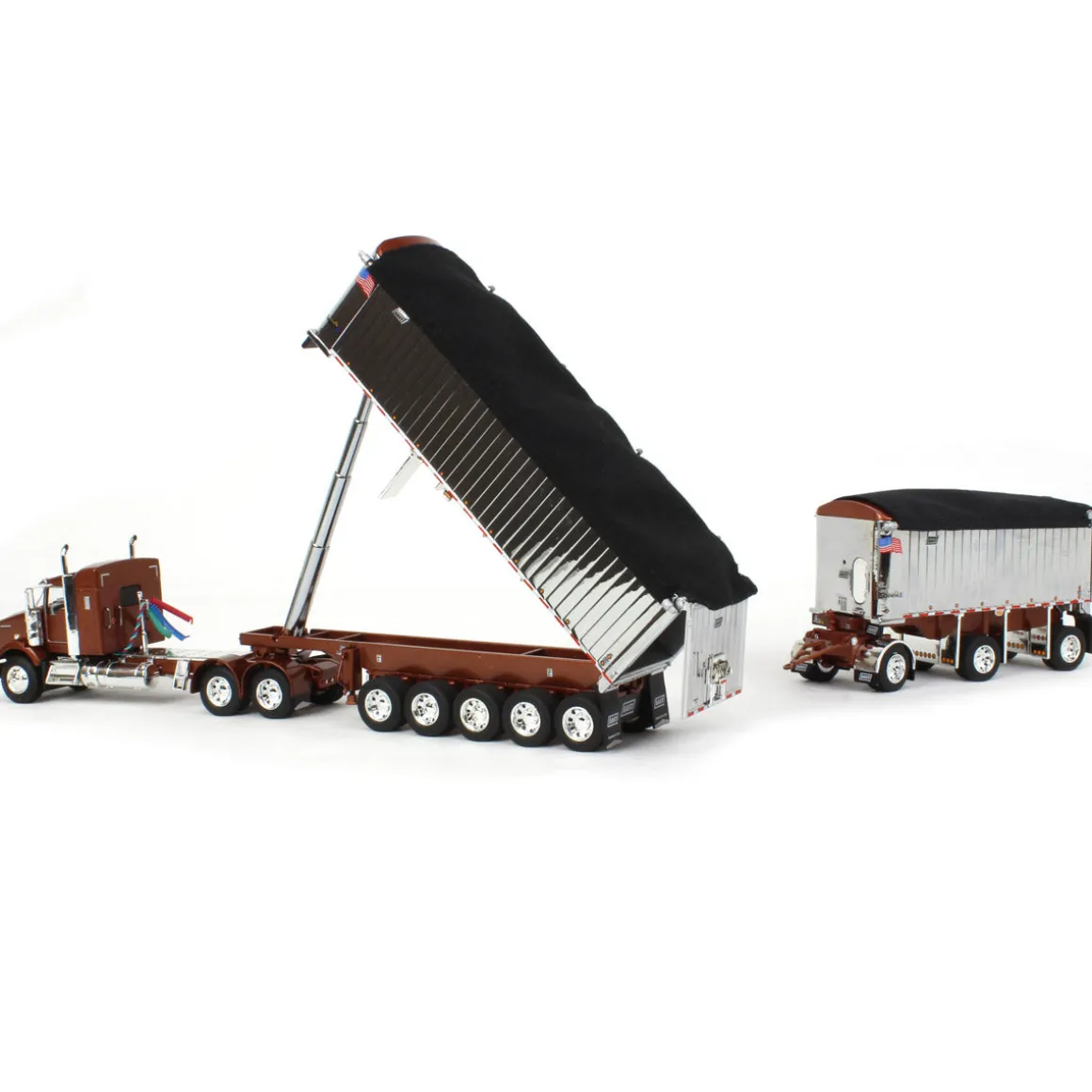 1/64 Bronze/Chrome Kenworth T800 w/ Chrome East Genesis II End Dump Trailers, DCP by First Gear