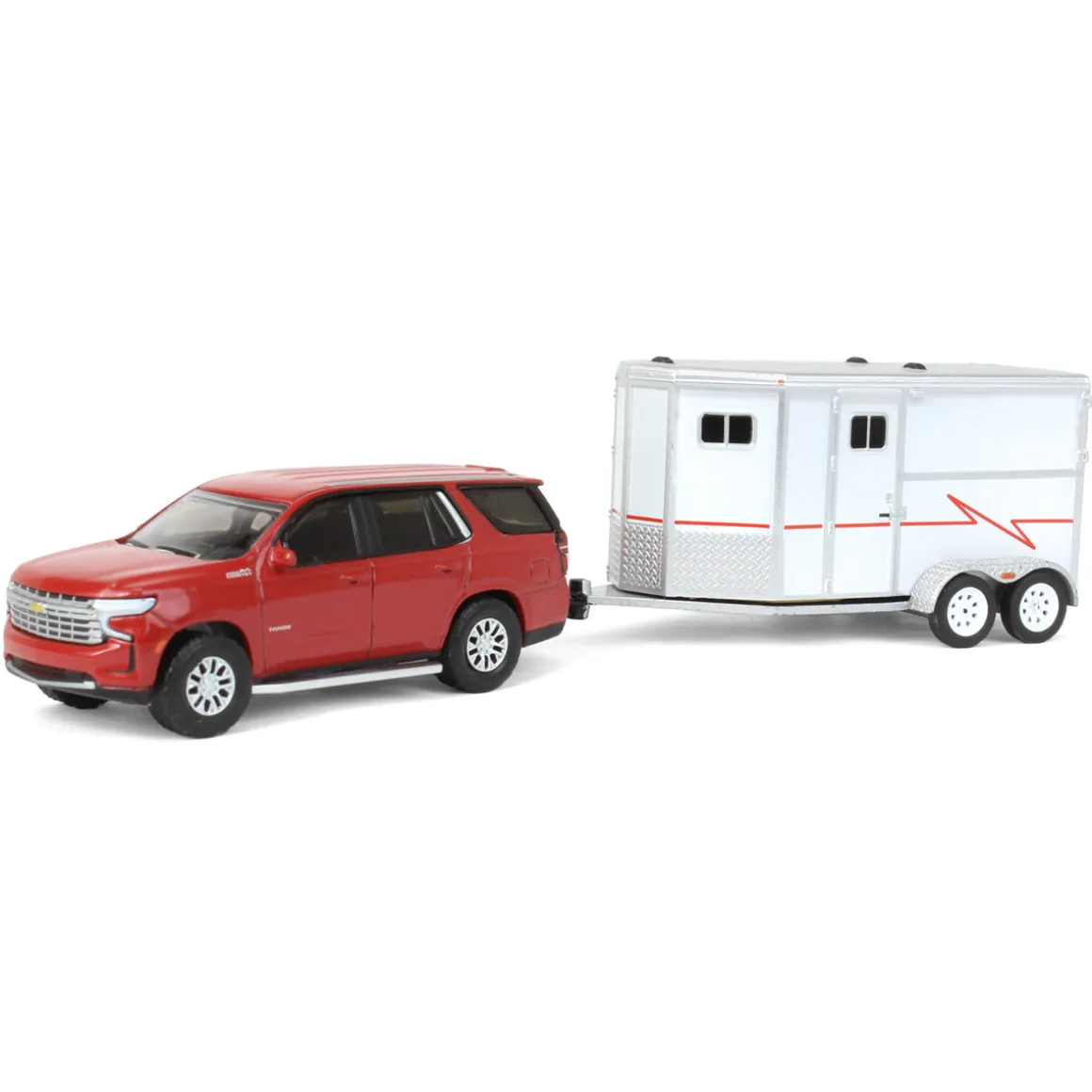 1/64 Cherry Red 2021 Chevrolet Tahoe with Horse Trailer, Hitch & Tow Series 23