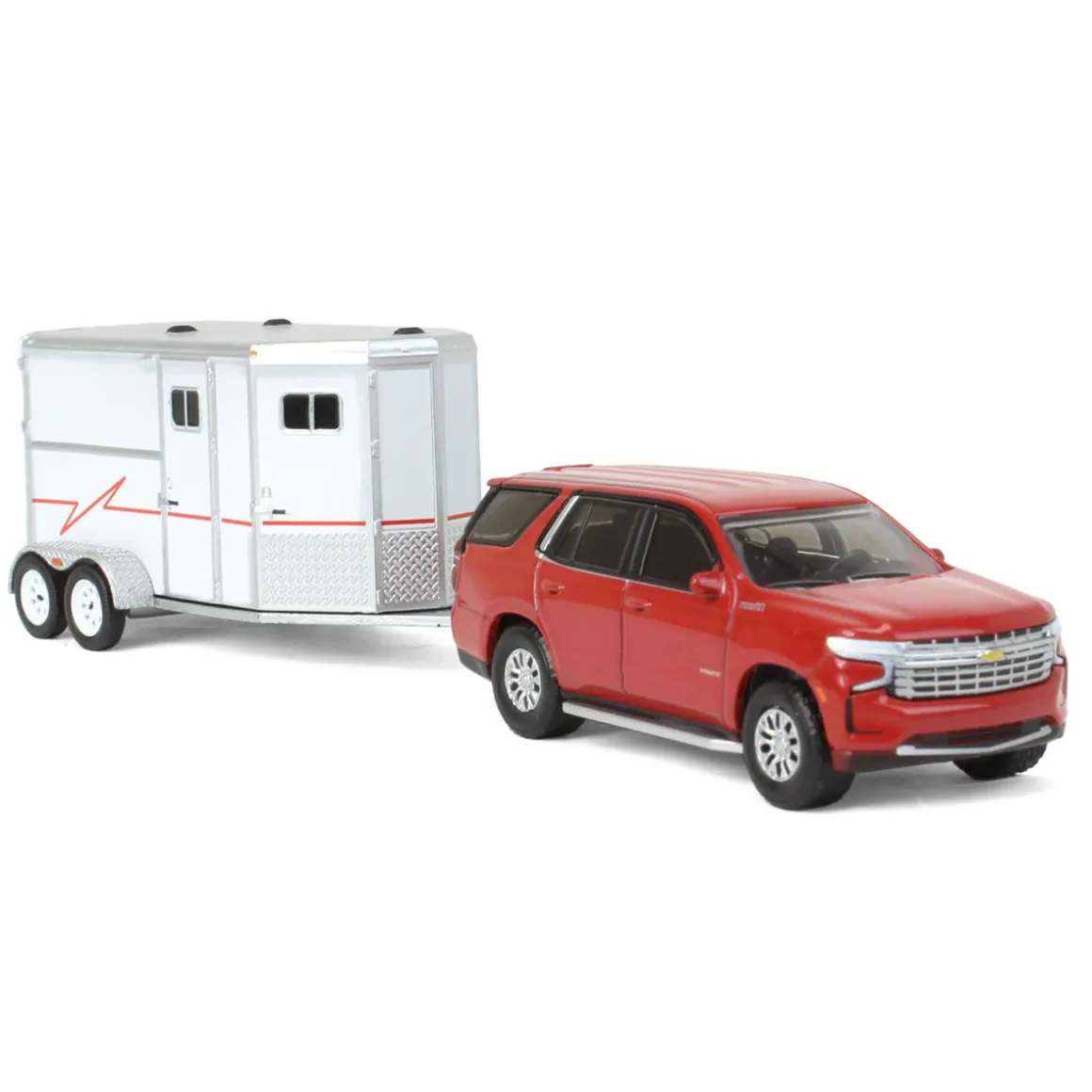 1/64 Cherry Red 2021 Chevrolet Tahoe with Horse Trailer, Hitch & Tow Series 23