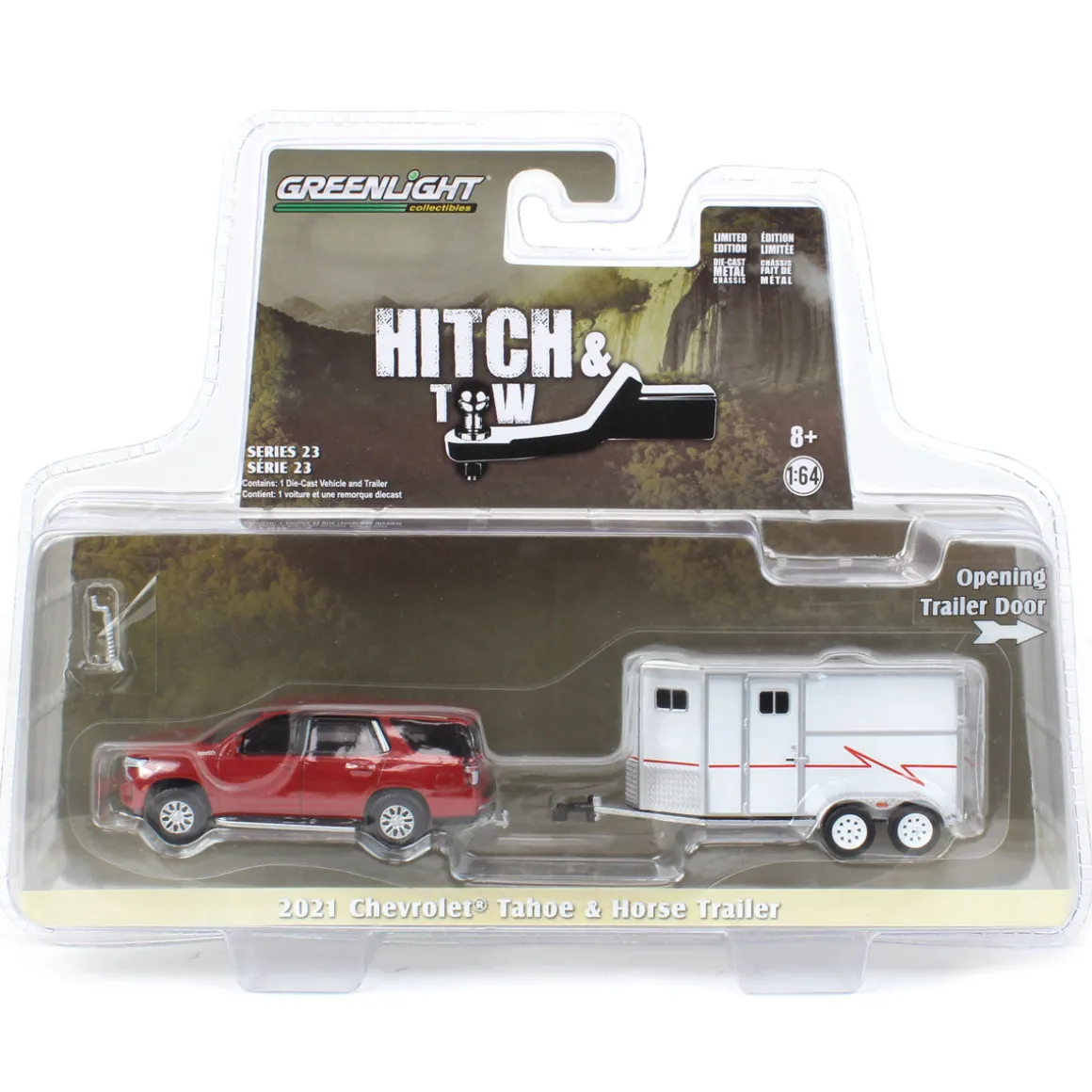 1/64 Cherry Red 2021 Chevrolet Tahoe with Horse Trailer, Hitch & Tow Series 23