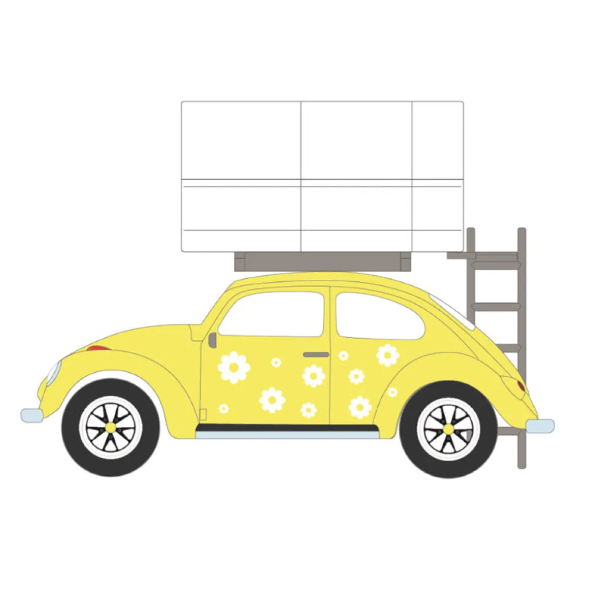 1/64 Classic Volkswagen Beetle, Yellow Flower Power with Camp'otel Cartop Sleeper Tent, The Great Outdoors Series 4