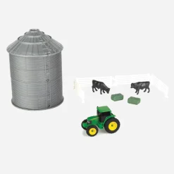 1/64 Grain Bin Set with John Deere Tractor, Cattle, Hay Bales & Fence