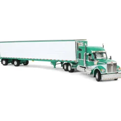 1/64 Green & White Kenworth W990 with Spread Axle Reefer Trailer, DCP by First Gear