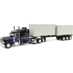 1/64 Jet Black Peterbilt 389 63in Mid-Roof Sleeper w/ Container Chassis & Two 20ft Containers, DCP by First Gear