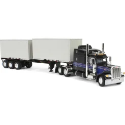 1/64 Jet Black Peterbilt 389 63in Mid-Roof Sleeper w/ Container Chassis & Two 20ft Containers, DCP by First Gear