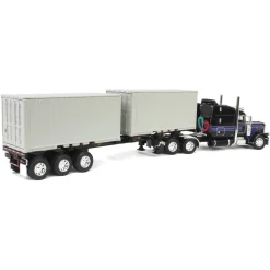 1/64 Jet Black Peterbilt 389 63in Mid-Roof Sleeper w/ Container Chassis & Two 20ft Containers, DCP by First Gear