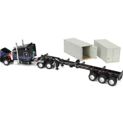 1/64 Jet Black Peterbilt 389 63in Mid-Roof Sleeper w/ Container Chassis & Two 20ft Containers, DCP by First Gear