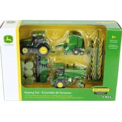 1/64 John Deere Haying Set w/ W235R Windrower, 7R 250 Tractor, Hay Rake, 561R Baler & 6 Bales