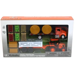 1/43 Kubota Farm Tractor Play Set with Truck, Trailer & Bales