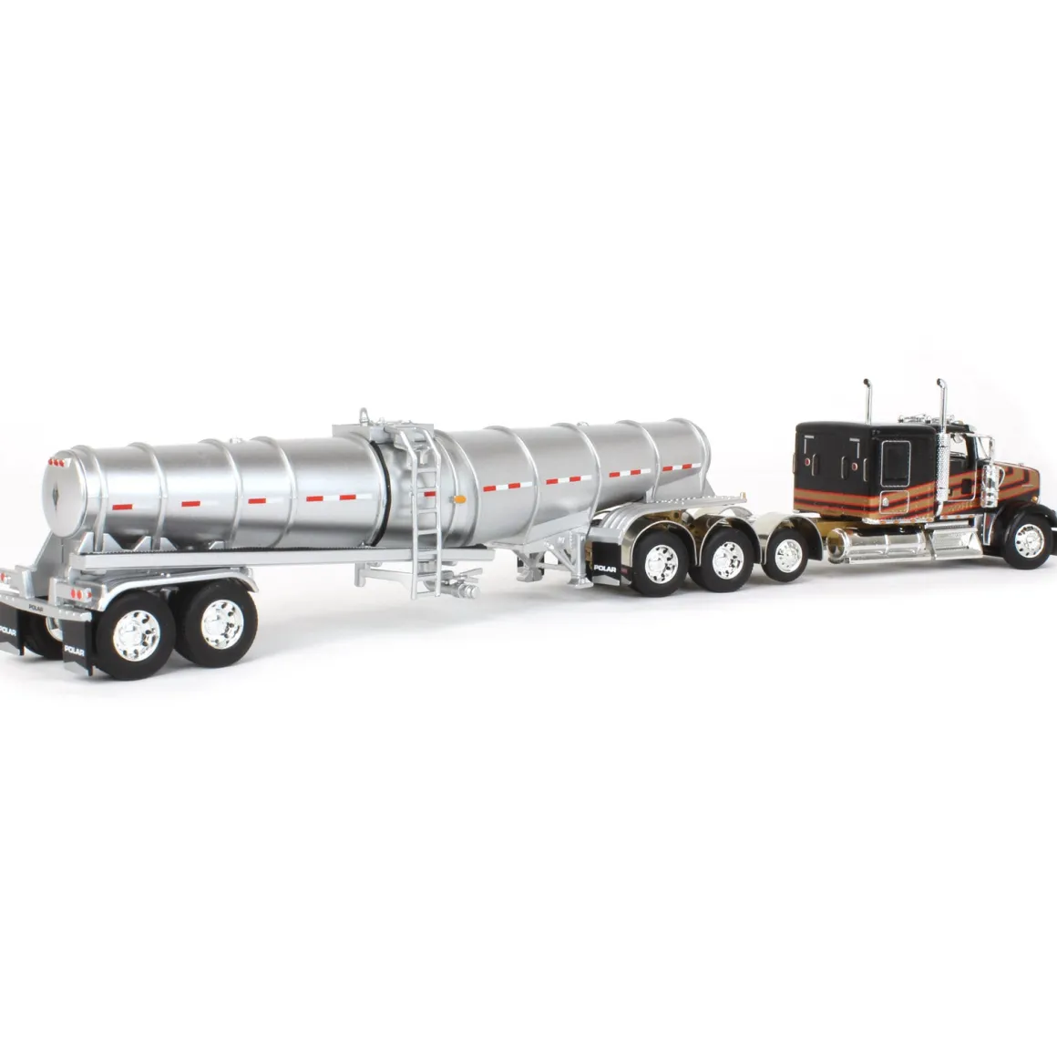 1/64 Metallic Black & Gold Kenworth W900L w/ Polar Deep Drop Trailer, Owner Operator, DCP by First Gear