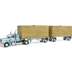 1/64 Pacific Blue Peterbilt 389 36in Flattop with Utility Dual Flatbeds & Hay Load, DCP by First Gear