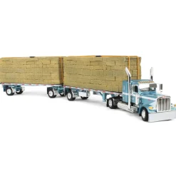 1/64 Pacific Blue Peterbilt 389 36in Flattop with Utility Dual Flatbeds & Hay Load, DCP by First Gear