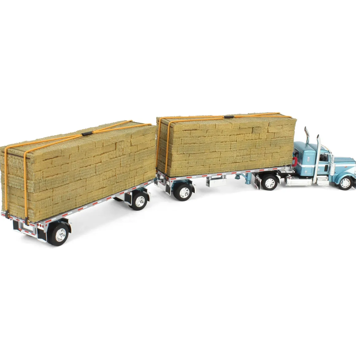 1/64 Pacific Blue Peterbilt 389 36in Flattop with Utility Dual Flatbeds & Hay Load, DCP by First Gear