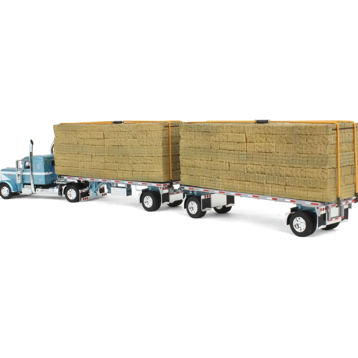1/64 Pacific Blue Peterbilt 389 36in Flattop with Utility Dual Flatbeds & Hay Load, DCP by First Gear