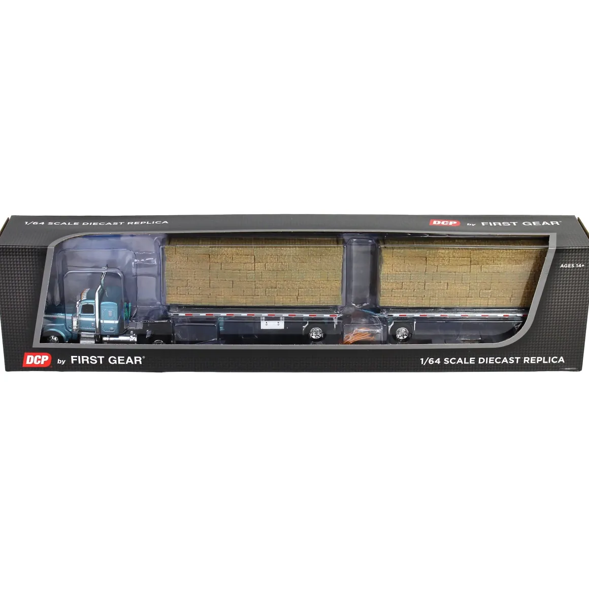 1/64 Pacific Blue Peterbilt 389 36in Flattop with Utility Dual Flatbeds & Hay Load, DCP by First Gear