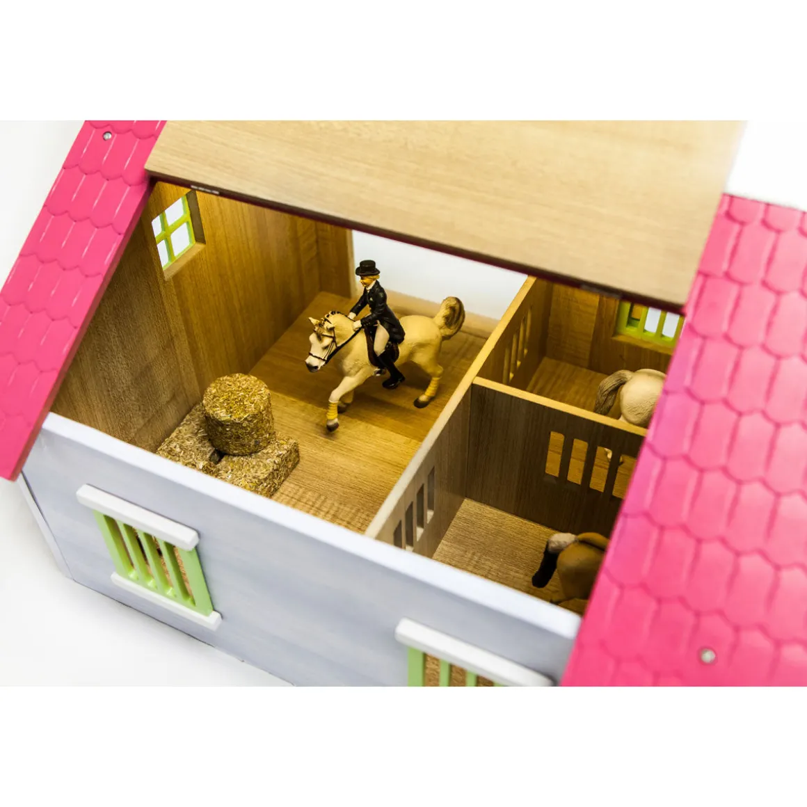 1/24 Pink, White & Green Wooden Horse Stable w/ 2 Box Stalls & Workshop by Kids Globe