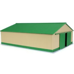 1/64 "The Professional" Tan/Green 60ft x 80ft Machine & Farm Shed w/ Sliding Doors, 3D Printed