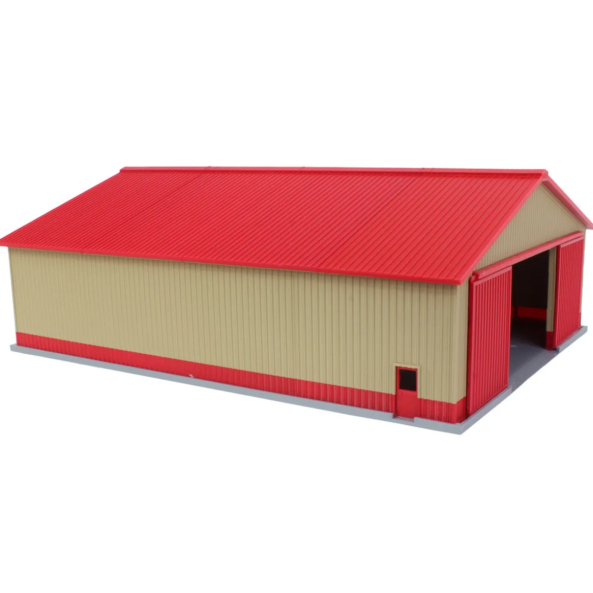 1/64 "The Professional" Tan/Red 60ft x 80ft Machine & Farm Shed w/ Sliding Doors, 3D Printed