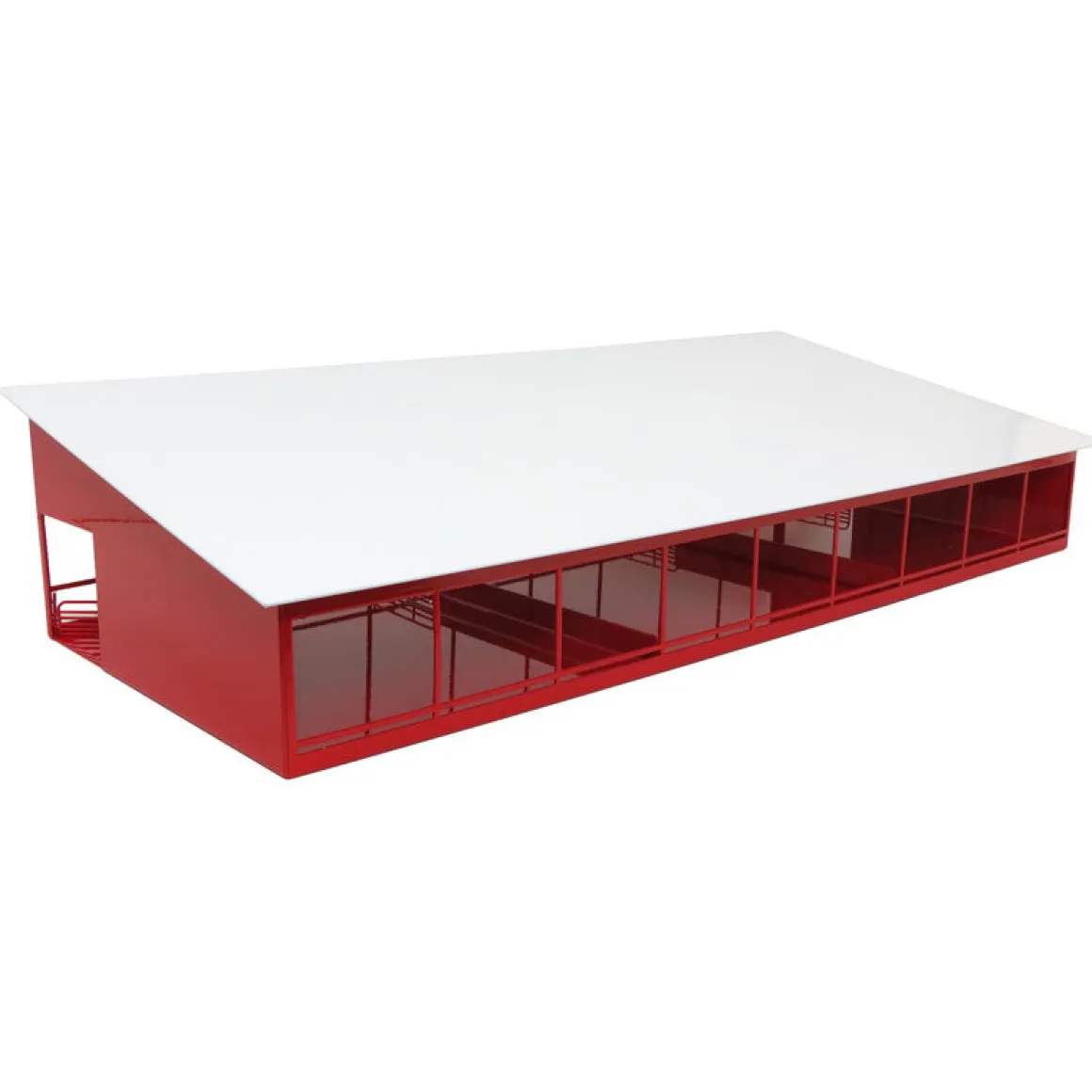 1/64 Red & White Metal Monoslope Cattle Barn with Gates and Feed Trough