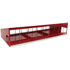 1/64 Red & White Metal Monoslope Cattle Barn with Gates and Feed Trough