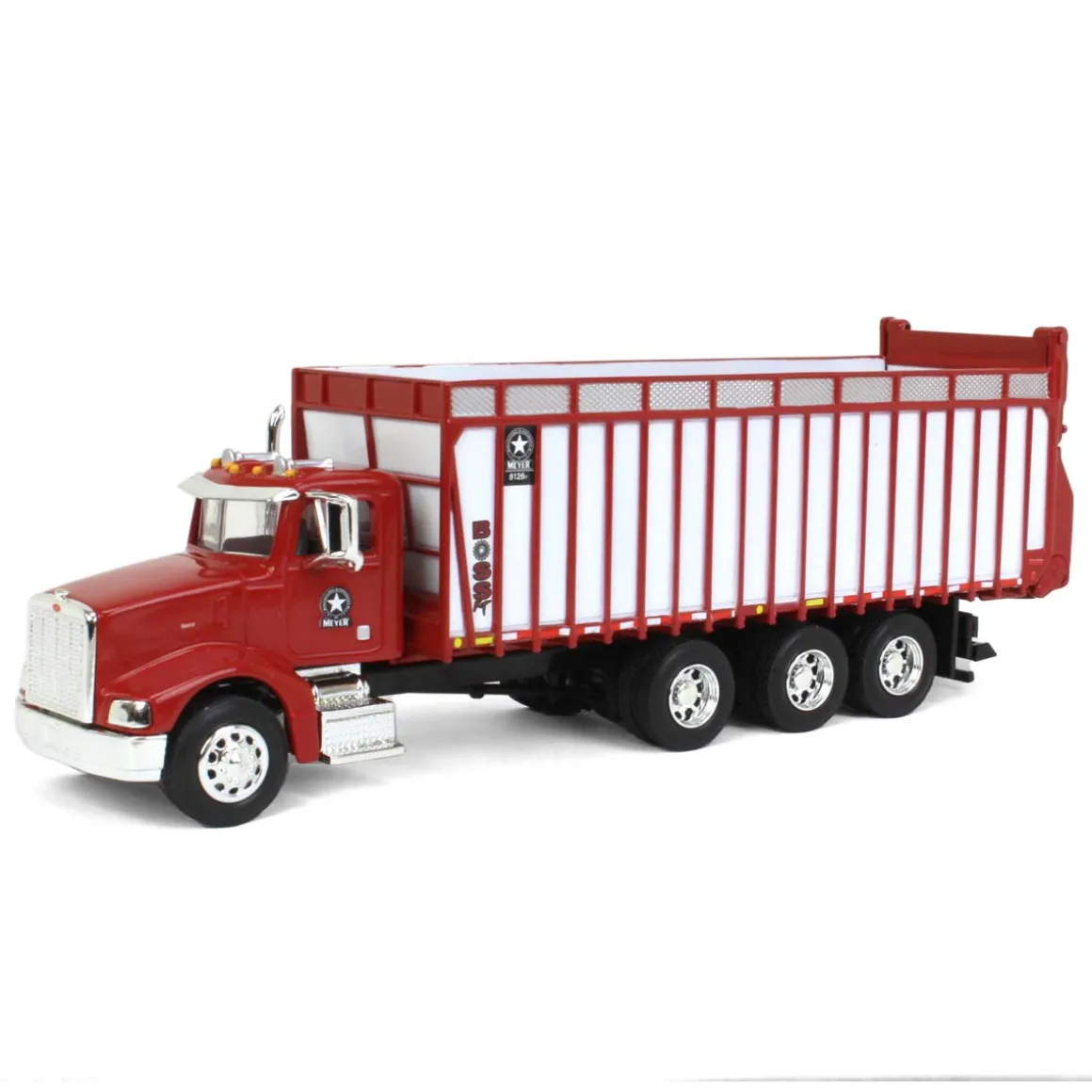 1/64 Red Peterbilt 385 w/ Red & White Meyer 8126RT Boss Forage Box