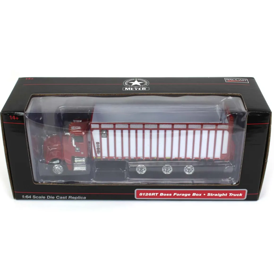 1/64 Red Peterbilt 385 w/ Red & White Meyer 8126RT Boss Forage Box